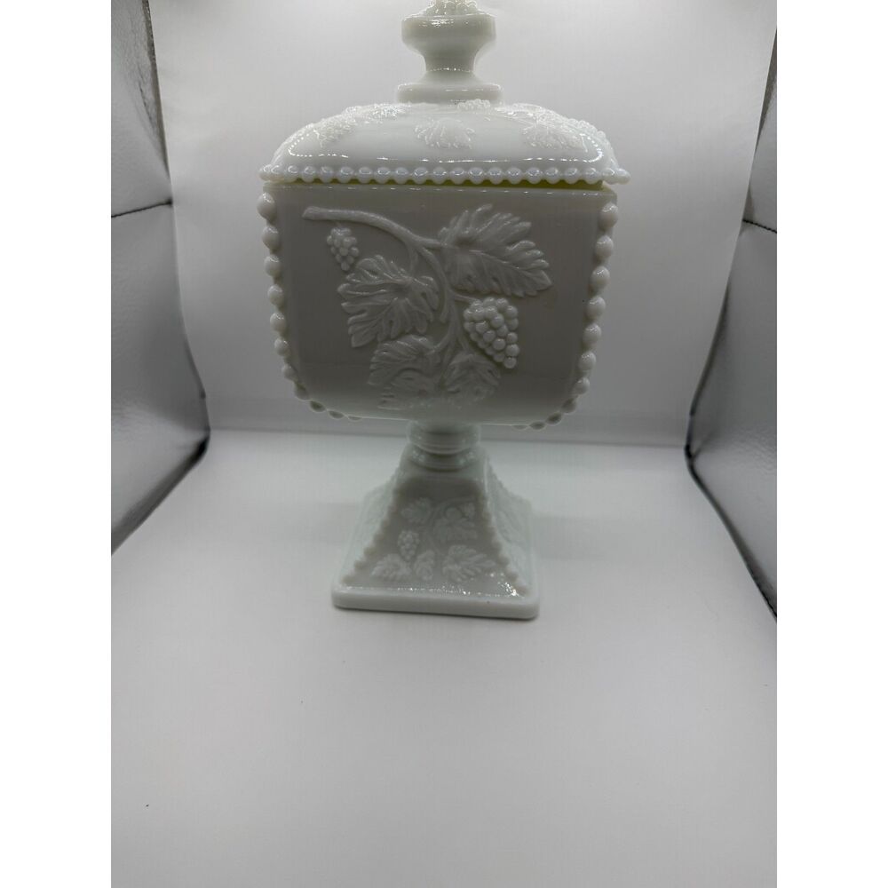 Westmoreland Paneled Grape Milk Glass Beaded Footed Candy Dish with Lid
